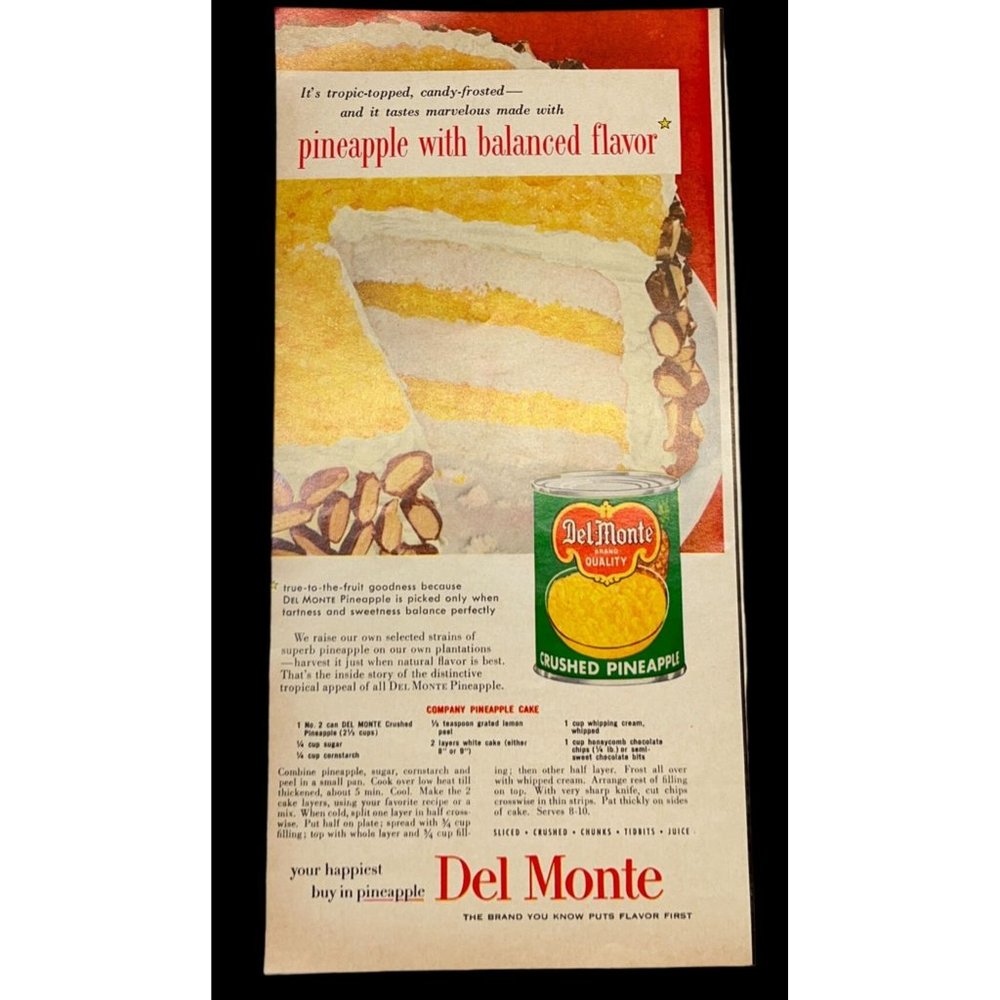 Del Monte Pineapple Vintage Color Print Ad 1955 Cake Recipe Canned Fruit